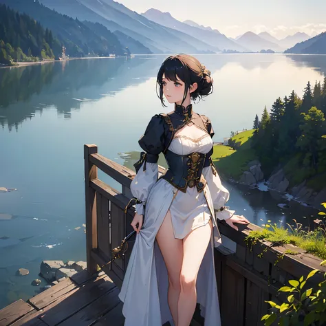 (highest quality、High resolution、masterpiece)、(Anime Art 4k)、(Photorealistic)、Portraiture、 (whole body)、(1 person)、20-year-old woman、( A woman in armor standing on top of a hill)、Beautiful Face、 (Facial detailing)、Black Hair、 short hair、 Beautiful Hair、Shi...