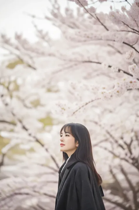 Araped woman wearing black coat standing in front of tree, Under the cherry blossom trees, portrait of japanese teenager, Sakura petals around her, produce: Torii Kiyomoto, portrait of a japanese girl, sakura season, A mix of Fujifilm and animation styles,...