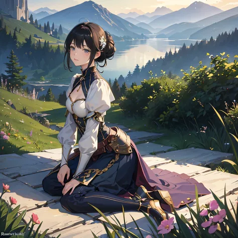 (highest quality、High resolution、masterpiece)、(Anime Art 4k)、(Photorealistic)、Portraiture、 (whole body)、(1 person)、20-year-old woman、( A woman in armor standing on top of a hill)、Beautiful Face、 (Facial detailing)、Black Hair、 short hair、 Beautiful Hair、Shi...