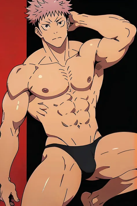 Yuji Itadori from Jujutsu Kaisen, wearing black swimsuit, open his arms, slightly muscular, defined body, shirtless, abs, big legs