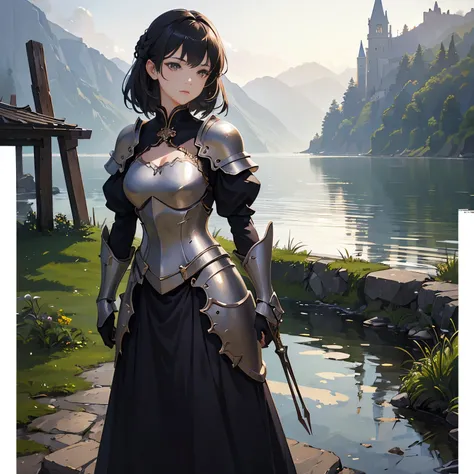 (highest quality、High resolution、masterpiece)、(Anime Art 4k)、(Photorealistic)、Portraiture、 (whole body)、(1 person)、20-year-old woman、( A woman in armor standing on top of a hill)、Beautiful Face、 (Facial detailing)、Black Hair、 short hair、 Beautiful Hair、Shi...