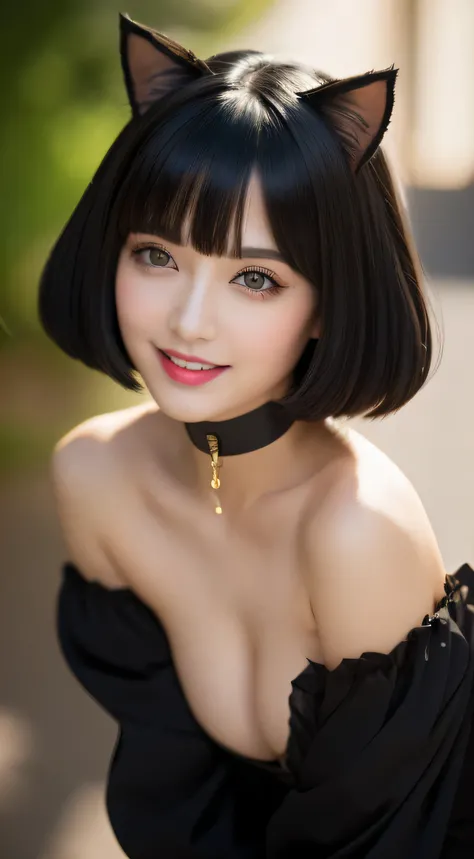 (highest quality, masterpiece, High resolution), (Reality),Cinematic light、Soft Light、Adult female, Black Hair,Bobcut, Black cat costume,  hair ornaments, choker, Cat ears、 Captivating smile,