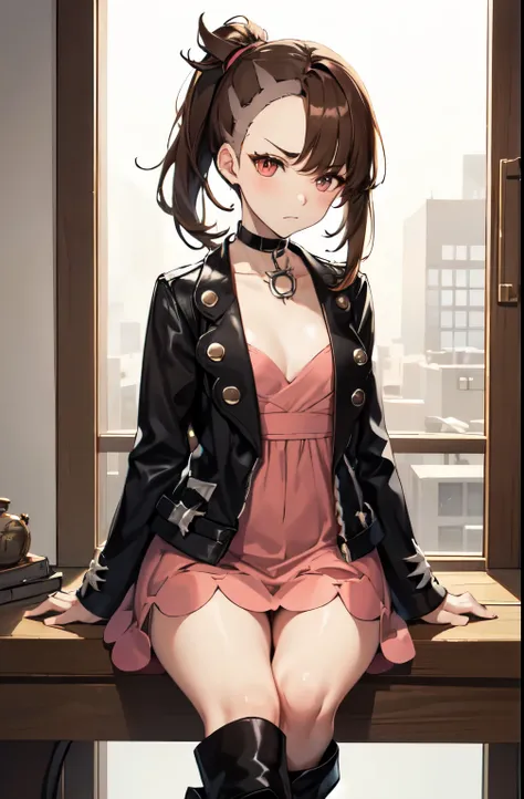 marnie_outfit, dress, pink dress, jacket, black jacket, open jacket, boots, ankle boots, black footwear, choker, black choker, collar,, absurdres, ultra detailed, masterpiece, best quality, aesthetic, detailed,, solo, frown,
1girl, red eyes, (tsurime:1.2),...