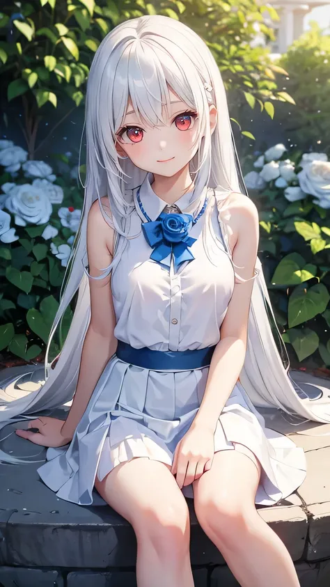 Very cute girl、(11 years old)、white hair、Long Straight Hair、Bangs are too close to the eye、Light red eyes、(Normal human ear)、Thin arms、Beautiful body、Slim legs、Shapely breasts、Transparent white skin、smile、(T-Shirtini skirt、White and blue)、I know the shape ...