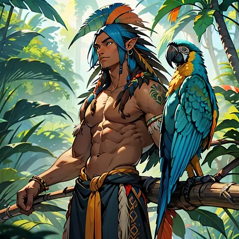 Anthropozoomorphic humanoid god native brown skin with blue macaw wings and human body and some blue macaw feather on body, perfect body, sacred guardian of the forest, Brazilian, amazonian divine scenery, tupi guarani clothes