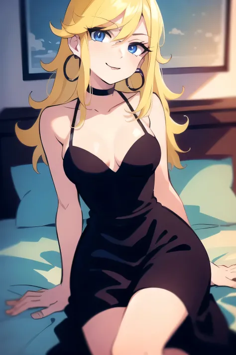 masterpiece, best quality, solo, 1 girl, psgpanty, black dress, blue eyes, long hair, blonde hair, hoop earrings, upper body, collarbone, little sleeveless black dress, parody, indoor bedroom, smile, sitting on her bed
