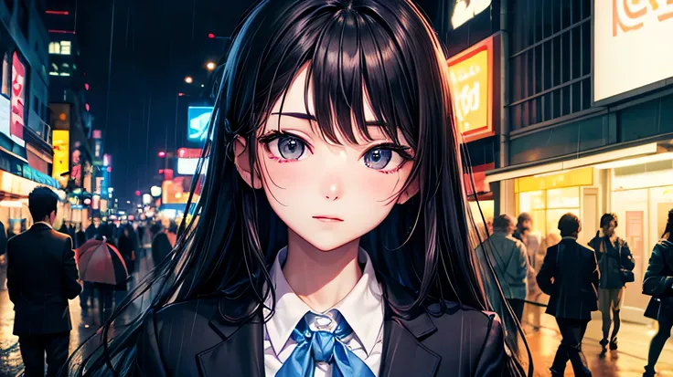 Beauty、In a suit、office lady、Detailed facial expression depiction、Black Hair、Long Hair、night、bustling street、Neon Light、rain、