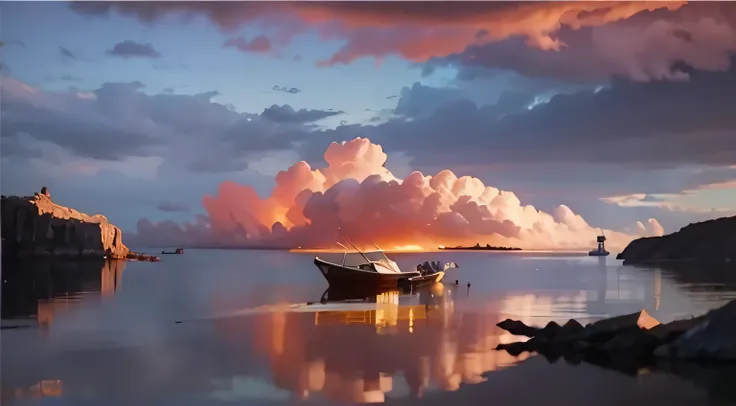 There is a boat floating on the water，The sky is cloudy, highly detailed surreal vfx, epic visual effects shots, Houdini visual effects, author：Mike Winkelmann, visual effects shots, Creative visual effects, Epic painting of the island, inspired author：Mik...