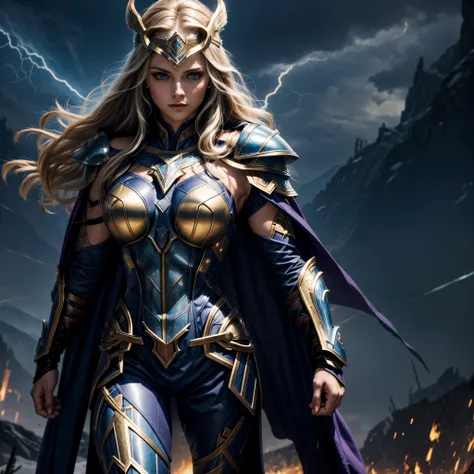 1woman, digital illustration of thundra, the asgardian hero, standing confidently in her dark blue/purple armor with gold trim i...