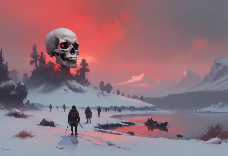 ASCIIconcept art, (art by Ismail Inceoglu:1.4), skull island in the snow, red sky