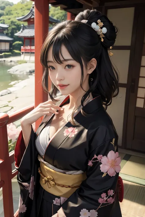 ((highest quality、8k、masterpiece:1.3))、bow、welcome、seiza、Japanese、Smile、Perfect body beauty:1.4、kimono:1.5、((Delicate Hair))、Japan at 28、double eyelid、Baby Face、 Laughter, Silver Hair, Bans, Beautiful fine details,The background is the ancient capital、Kyot...