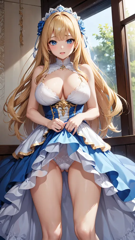 ((highest quality、High resolution))、Beautiful girl、Perfect body、beautiful ample breasts、Long blonde、bangs、Blue and white、embellished sexy dress、skirt、a sexually excited look、Legs wide open、(Im inviting you to have sex)