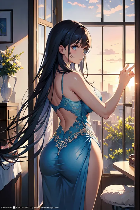 (secret:1.4), Glass room window at sunrise，Gazing into the distance，Sparkling Sapphire Ring，Plump dark skinned mother, 33 years old, Messy dark blue hair，Small breasts，Chubby，Big Ass，Light blue lace lingerie，A fantastical landscape with many space petals d...