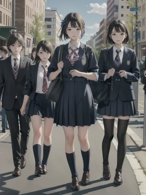 One girl, spring, high school, , warm colours, schoolbag, accurate and very detailed background, crowd of schoolgirls in uniform with various body shapes and hairstyles, cute.