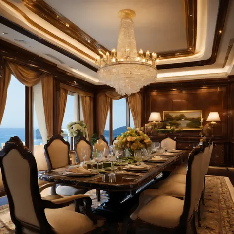 arafed dining room with a large table and chairs and a painting, on a super yacht, lavishly decorated, exquisite masterpiece, luxurious environment, glamorous setting, elegant interior, timeless masterpiece, majestic masterpiece, acclaimed masterpiece, lux...