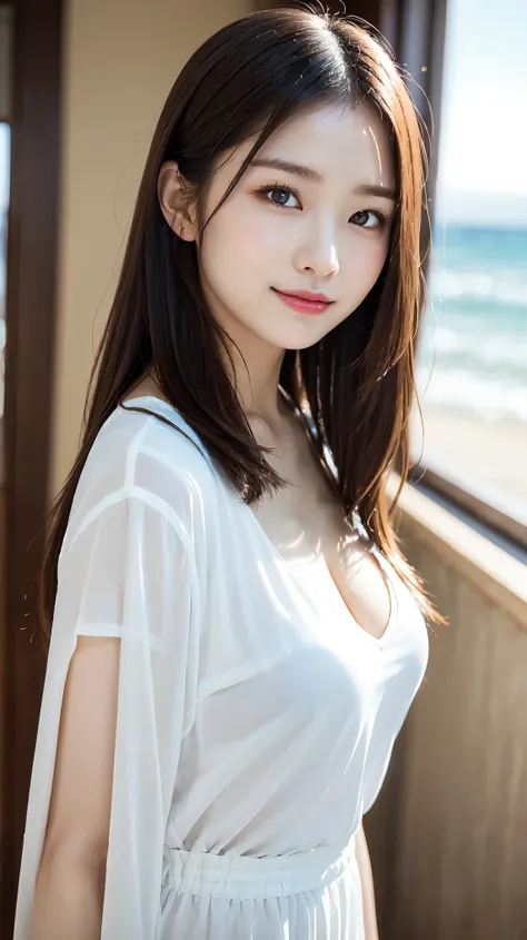 White Shirt、full body shot、Complex and beautiful eyes、woman、womanらしい髪型、Natural color lip、Big Breasts、valley、bold and sexy pose、smile、Ocean、((18歳woman:1.2))、Young adorable Japanese face, Official Art，Highly detailed CG Unity 8k wallpaper，（masterpiece:1.0),(...