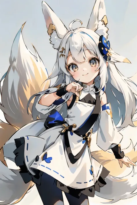 A girl with striking white hair、Fox ears and tail、cosplay、Cute dynamic pose、hair ornaments、black pantyhose、No sleeve、smile、Background is blue