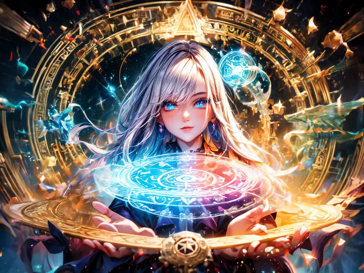 (Ultra HD,16K,high resolution,masterpiece,extremedetailed:1.37),portrait,a girl,magic master,Sorcerer,Magic close to God,Rainbow magic circle,Full color magic circle,All types of magic circles,Water, fire, wood, electricity, earth, light, darkness, wind, i...