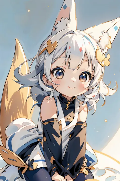 A girl with striking white hair、Fox ears and tail、Cosplay、Baby Face、Cute dynamic pose、hair ornaments、Black Pantyhose、No sleeve、smile、Background is blue
