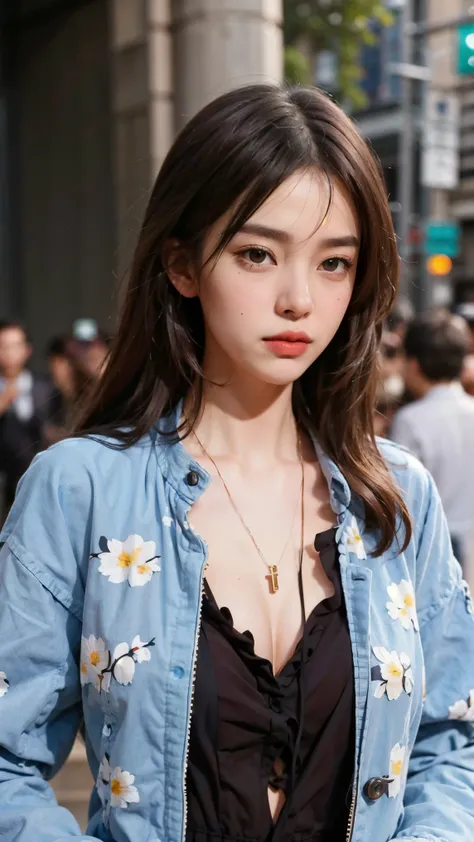 girl, bangs, long hair, view viewer, parted lips, catwalk,(high fashion), (shiny skin), (Masterpiece:1.4), (Best Quality:1.4), Red Lips, sweet girl, bomber jacket, short legging, huge breast, on the street