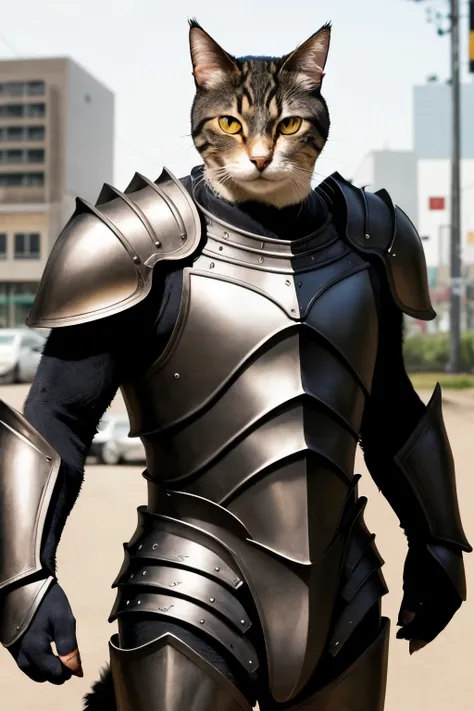 Catman, half man half cat, humanoid cat, wearing heavy armor