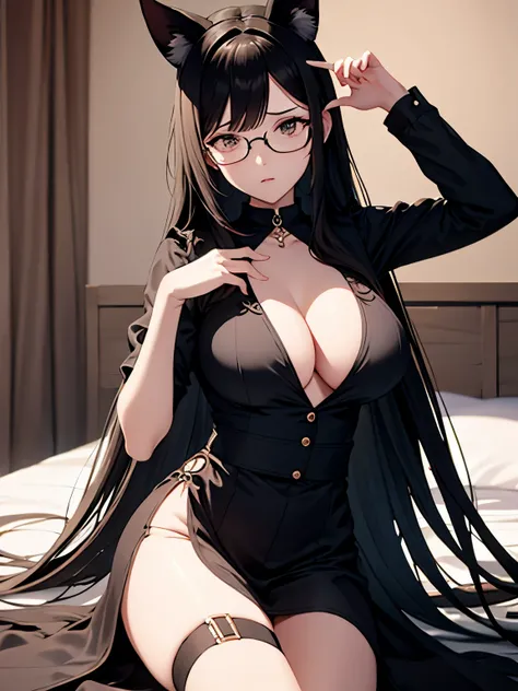 character illustration，A tall female character lies on the bed，Put your right hand on your forehead，left hand on belly，She has long black hair，long to waist，with hexagonal glasses，The expression is arrogant，Wearing a maid outfit