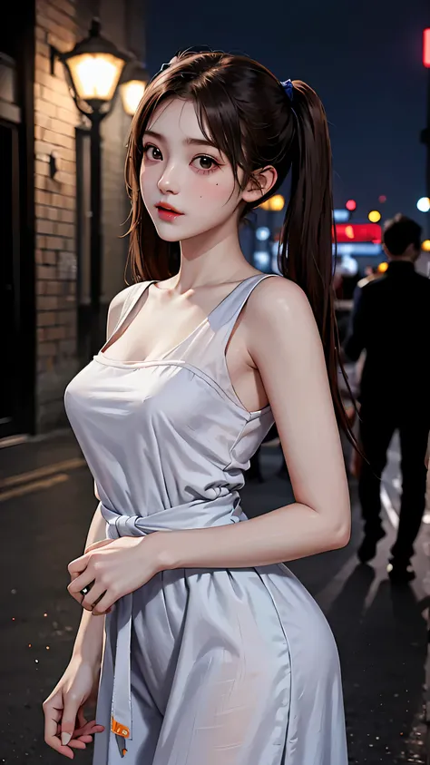 masterpiece, highest quality, One girl, alone, blush, Twin tails, Long Hair, ((Streetwear with less fabric)), Outdoor, night, Movie Posters, Extremely detailed 8K, Smooth, High resolution, super high quality, Cinema Lighting, 16k, Detailed face, Perfect co...