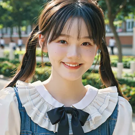 best quality:1.3,masterpiece:1.2,(ultra high res:1.1),photorealistic:1.5,1girl,(),oval face,(realistic:1.3),student,teasing_smile,frilled_collar,blurry,18 years old,