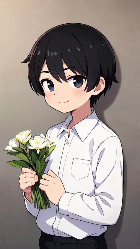 14 year old boy,Black Hair,straight short hair,black eye,White shirt and black slacks,Gentle expression,smile,Holding flowers,Character portrait