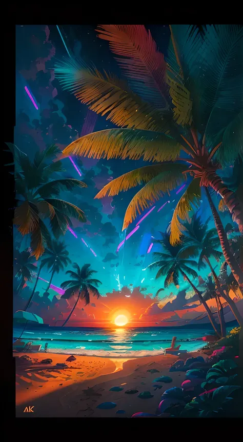 Picture a breathtaking landscape of a tropical beach in 4K resolution, where the sun is about to rise over the horizon. The scene is filled with neon lights and vibrant colors, inspired by the retro aesthetics of the 80s. The environment is alive with palm...