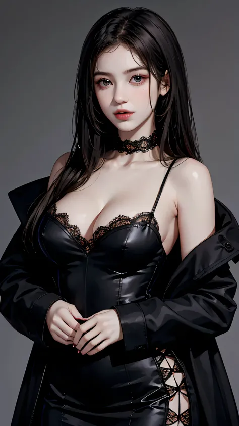 Beautiful girl with realistic black eyes, Pale skin, Long black hair, Perfect Face, Perfect Eyes, ((wearing a black coat)),((A tight lace dress with a plunging neckline)) Very detailed, Overall Movie, Digital Painting, 8k, Cinema Lighting, highest quality,...