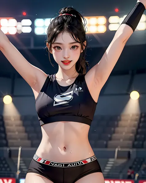 highest quality、movie lighting、 Girl in sports bra and sports panties、Big Breasts、Fine Lines、Raise your arms、Stadium、smile、expensive、、Sweaty、black hair ponytail、Narrow waist