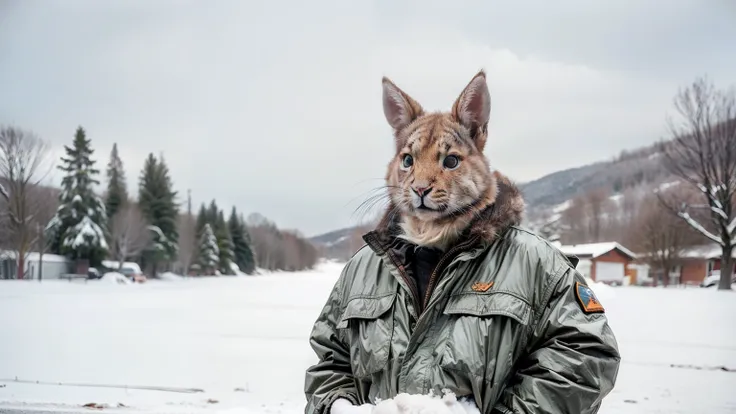 [[Dutch rabbit in military uniform]]，Personification，heavy，blizzard，tundra，Clutter，[sad],Flat coating，Most of the scenery