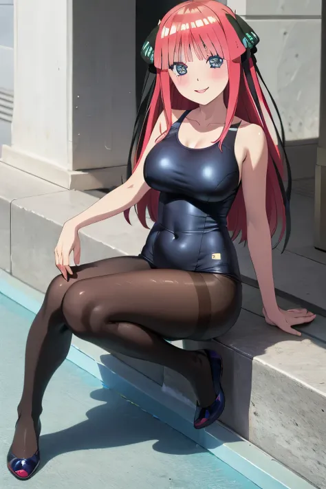 best quality, ultra-detailed masterpiece, anime art style, cute characters, nino nakano, one-piece swimsuit, large breasts, pantyhose, blush, smile, full body