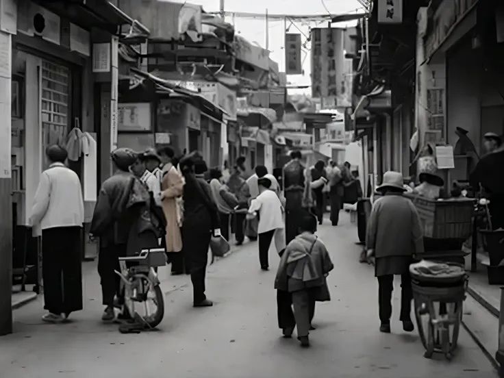 people walking on the street in a crowded city with a  on a bike, hong kong 1 9 5 4, crowded streets, fan hao photography, peopl...