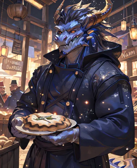 dough, chef&#39;artwork, official art,  dragon, horn, queue, layer, muscle, fort, i, no, coat, dequeueed eyes, upper body, (half...