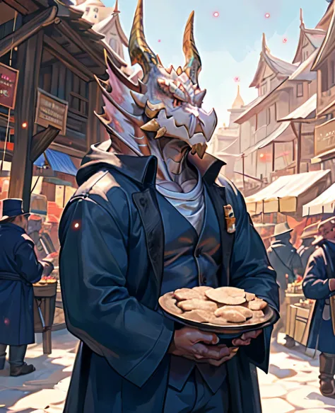 dough, chef&#39;artwork, official art,  dragon, horn, queue, layer, muscle, fort, i, no, coat, dequeueed eyes, upper body, (half...