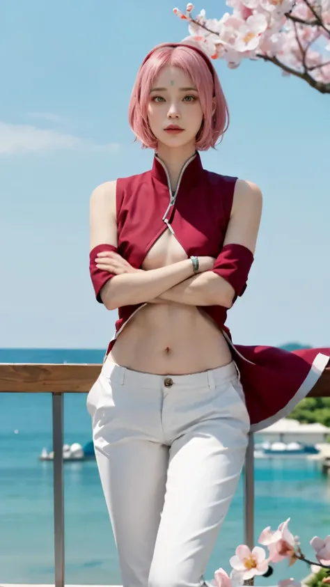 masterpiece, Absurd ,One girl, haruno sakura,Forehead mark, Red Hairband, Red sleeveless dress, White pants, belly button, between legs, bracelet, View your viewers, Arms crossed, cherry blossoms, Wind, floating hair,
Pink Hair, short hair, Green Eyes...