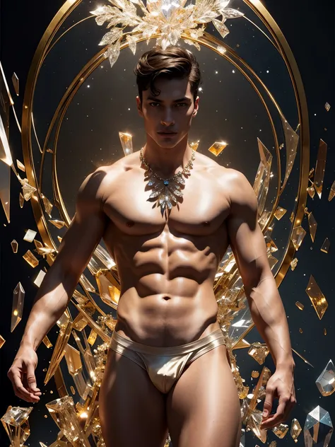 (realistic, Masterpiece, best quality, height, Highly detailed), Handsome young man poses nude surrounded by crystal, The identity of the crystal as a human, 18 year old male, bright colors, realistic light, SPARKLING REFLECTION, Bright and radiant skin, C...