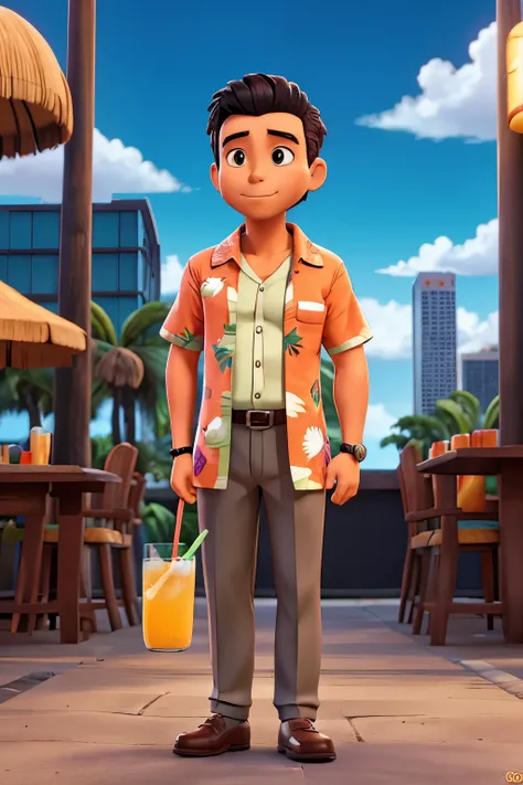 Businessman in aloha shirt, anime, Hawaii in background, drinking tropical drink, high tension, small figure,.
35 yrs.