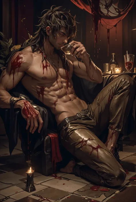 daemon, infected with mushrooms, cutting your skin, drinks alcohol, flowing down his body and mixing with the blood on the floor.