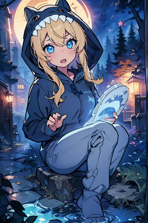 1girl,solo, blonde hair, girl, blue eyes,4k,8k,absurdres, masterpiece,grey hoodie,animal_hood
costume
ANHD, , nighttime, stars,glowing ,night, dark forest,shark hood, hoodie-footie pjs
hood up