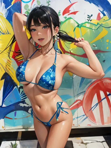 araffe woman in a blue bikini posing in front of a colorful wall, mayuri shiina, Yoshitomo Nara, Beasts, sophisticated gravure idol, blue bikini, bright blue shiny lingerie, swimsuit, is wearing a swimsuit, bikini model, shikamimi, young gravure idol, wear...