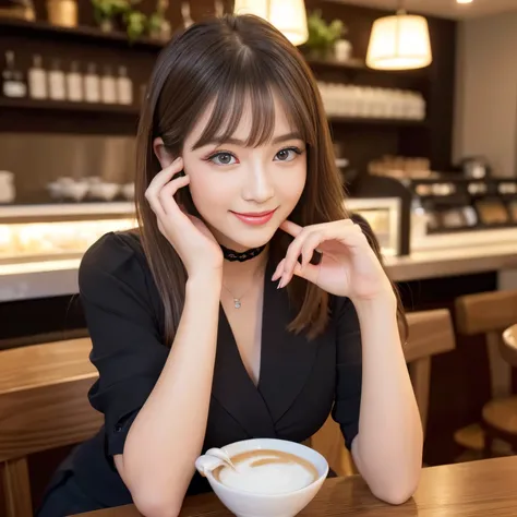 ((highest quality, 超A high resolution、The most complex and detailed depiction)、(One woman, Sales Lady)、In a café with a calm atmosphere、office uniform、Long sleeve、(((Perfect hands、Perfect Fingers)))、Detailed and perfect café décor、Fashionable black choker、...