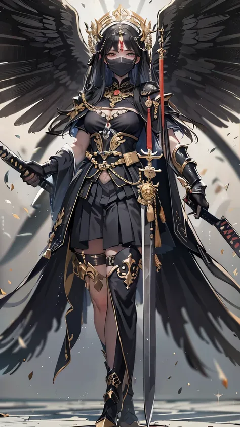 Athena goddess of wisdom, God of Chastity of Wisdom, courage, inspiration, civilization, Law and Justice, rightful warfare, Three pairs of six wings, It has black wings., Stand in a dignified posture, black picture theme, holding a black katana sword, hold...