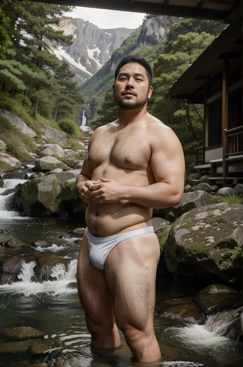 A 38 years old chubby Japanese man with short beard in competitive white swim suit is standing by the mountain stream shirtless alone low angle show hairy 
