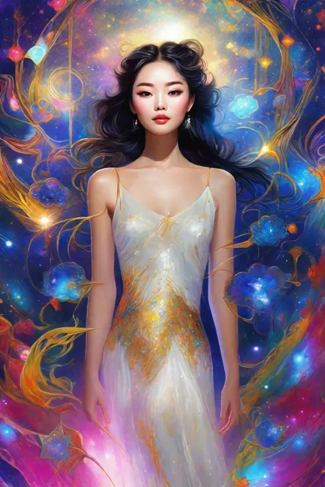 (best quality, highres, realistic:1.37), detailed portrait, a impressive painting of girl in galaxy beautiful detailed eyes, beautiful detailed lips, long eyelashes, fashionable clothing, confident and elegant posture, unique catwalk style, starry night pa...