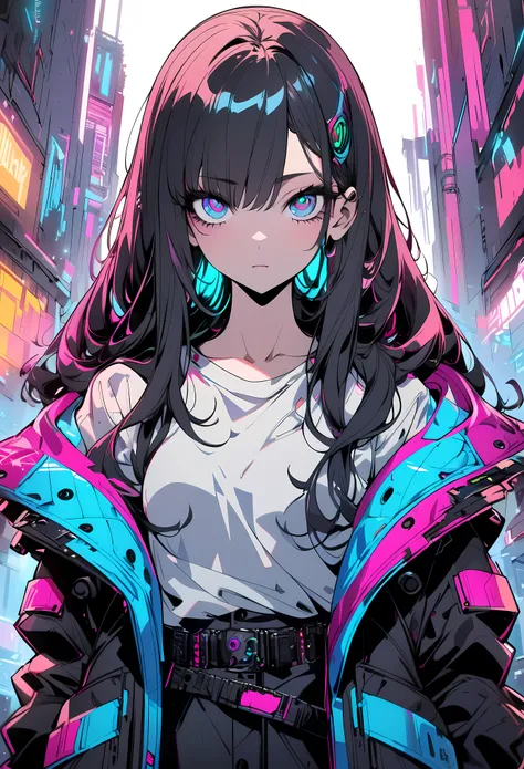 (best quality, ultra-detailed:1.2), cyberpunk, black hair, long hair, business shirt, belt, hooded coat, perfectly detailed clothing, perfect illustration, subtle anime-style, sketched, highly modern anime style, anime shading, semi-realistic anime style, ...