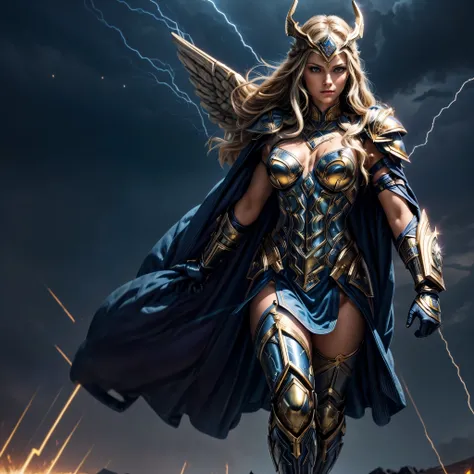 1woman, digital illustration of Thundra, the Asgardian hero, standing confidently in her dark blue/purple armor with gold trim inspired by Jack Kirbys designs. blonde hair. Capture the essence of her power as she commands thunder and lightning, with her ca...