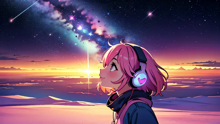 master piece, City Pop style, girl, Pink Hair, alone, wearing headphones, light smile, look up, Salar de Uyuni, Milky way, colorful lighting, from side